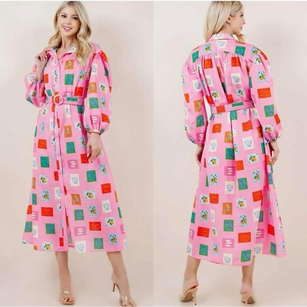 Pink Printed Midi Shirt Dress with Belt